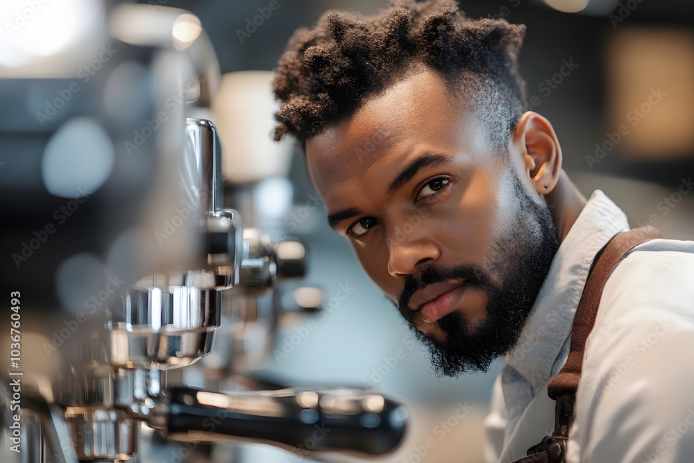 Close-up Portrait of a Barista Leaning Over an Espresso Machine