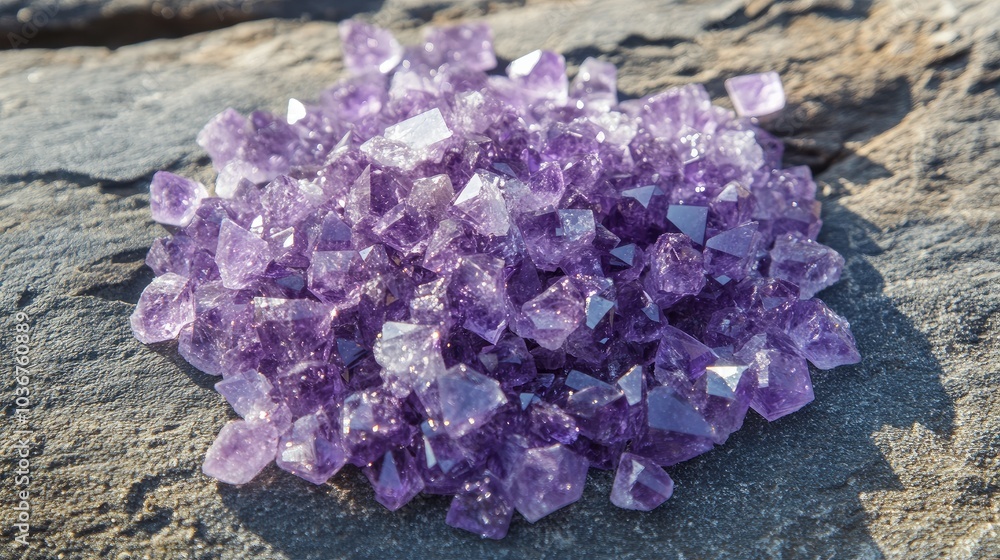 An image of a pile of purple crystals sparkling in the sun was captured from above. An image of a pile of purple crystals sparkling in the sun was captured from above.
