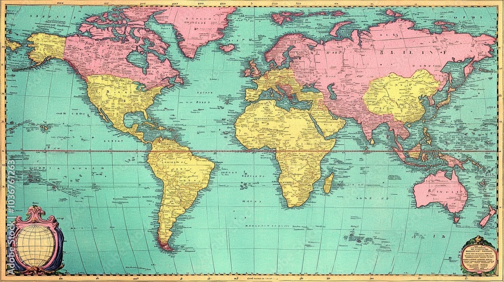 Fototapeta premium Vintage World Map Illustration with Oceans Continents and Countries