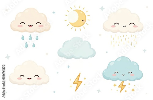 Cloud rain weather cartoon cute set. Cloud, sun, moon weather character with smile and angry face. Hand drawn doodle sketch style. Rainbow, wind, tornado doodle characte