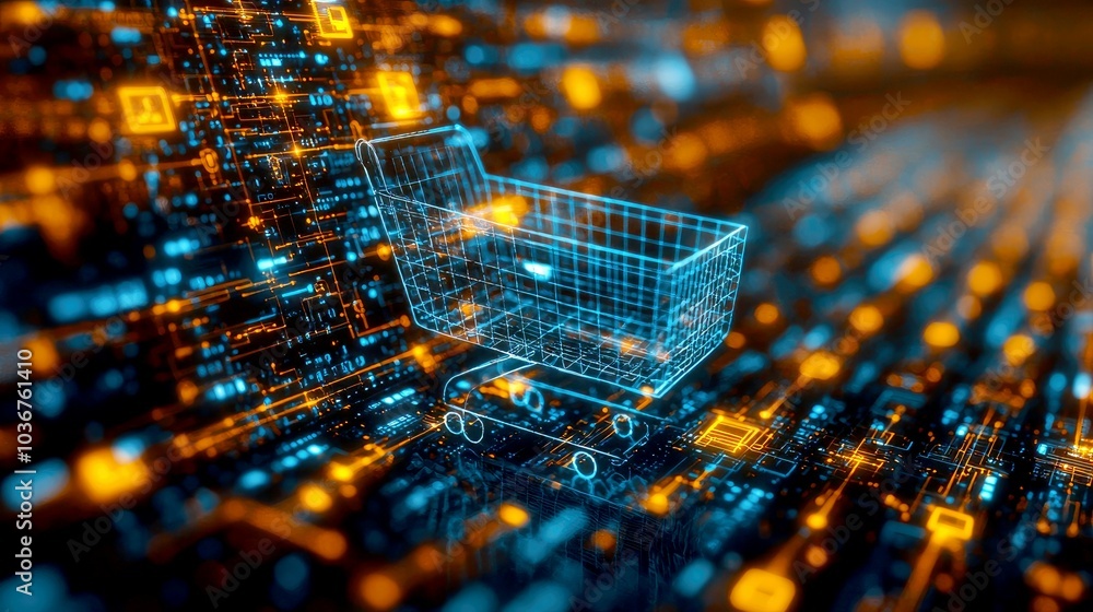 A wireframe shopping cart icon floating over a digital, glowing, futuristic background. A wireframe shopping cart icon floating over a digital, glowing, futuristic background.
