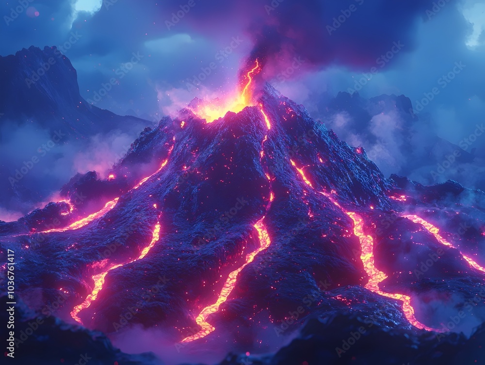 Fototapeta premium A dramatic view of an erupting volcano at twilight, showcasing vibrant lava flows and a smoky, atmospheric background, highlighting the power of nature.