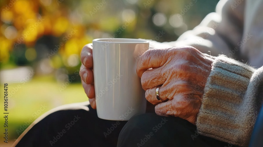 Middle-aged man with slight tremor holding cup of coffee on park bench, symbolizing struggle with Parkinson's disease, calm natural setting. Middle-aged man with slight tremor holding cup of coffee on park bench, symbolizing struggle with Parkinson's disease, calm natural setting.