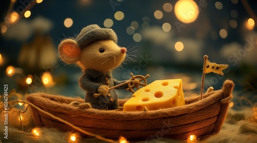 A cute mouse wearing a sailor hat and holding a steering wheel sits in a small boat made of felt with a large wedge of cheese. 