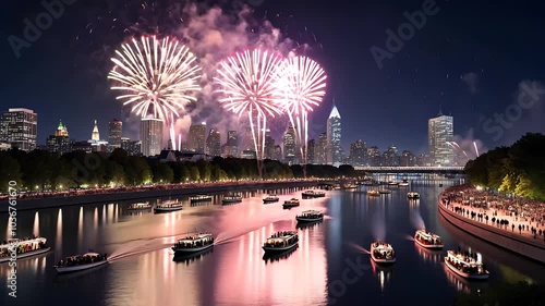 Wallpaper Mural Colorful Fireworks Display Over City River with Boats at Night

 Torontodigital.ca