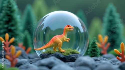 A glass marble with a small colorful dinosaur figurine inside, surrounded by miniature trees and rocks, creating a whimsical prehistoric scene. photo