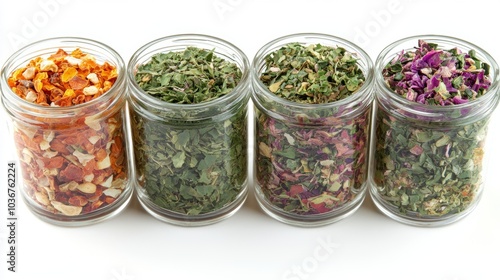 Dried Herbs and Spices in Glass Jars   Natural Ingredients for Cooking and Tea