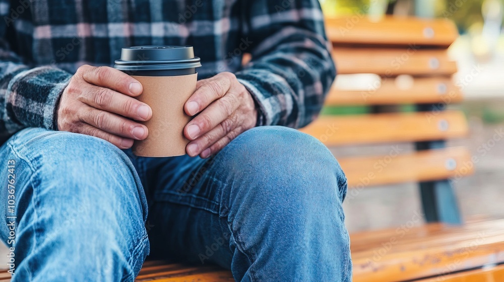 Middle-aged man with slight tremor holding cup of coffee on park bench, symbolizing struggle with Parkinson's disease, calm natural setting. Middle-aged man with slight tremor holding cup of coffee on park bench, symbolizing struggle with Parkinson's disease, calm natural setting.
