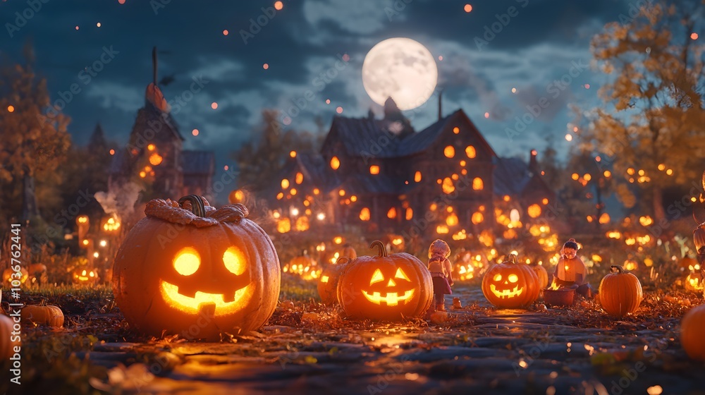 Illuminated Jack o Lanterns on Halloween Night with Full Moon and Cottage in the Background Illuminated Jack o Lanterns on Halloween Night with Full Moon and Cottage in the Background