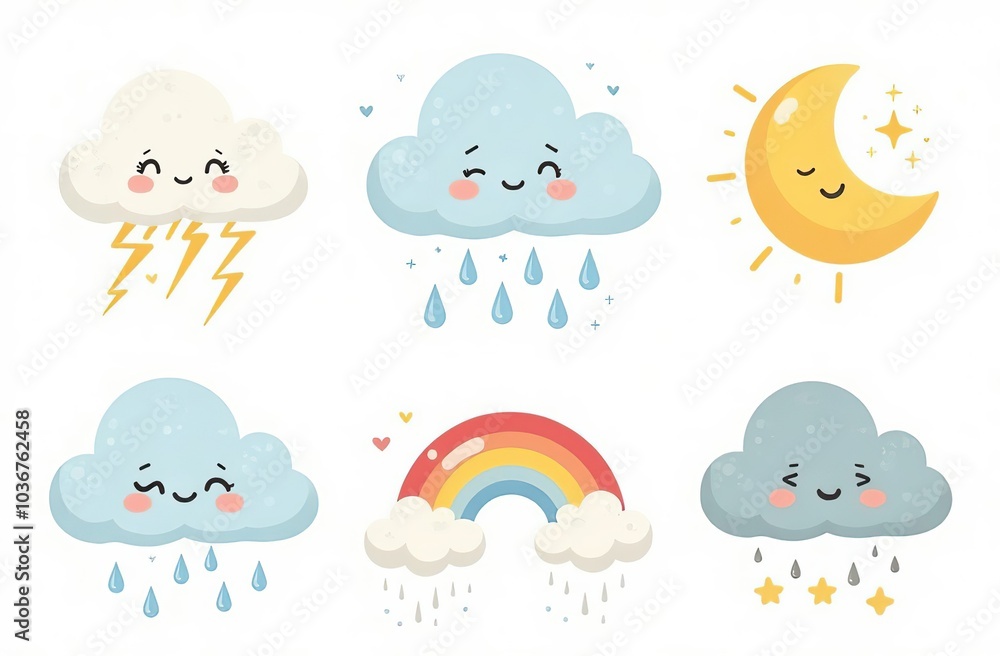 Cloud rain weather cartoon cute set. Cloud, sun, moon weather character with smile and angry face. Hand drawn doodle sketch style. Rainbow, wind, tornado doodle characte