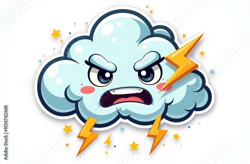  Storm cloud character with cartoon angry face. Groovy sticker with Thunder and lightning symbol. Weather icon. Emoji expression. Retro Vector illustration on white background