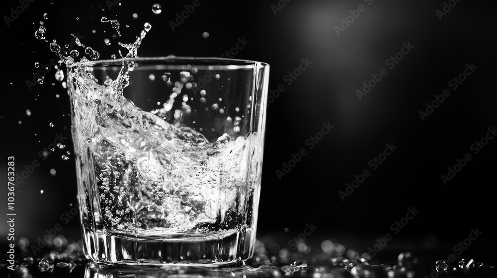Water drops splattered on transparent glass against a dark background Water drops splattered on transparent glass against a dark background
