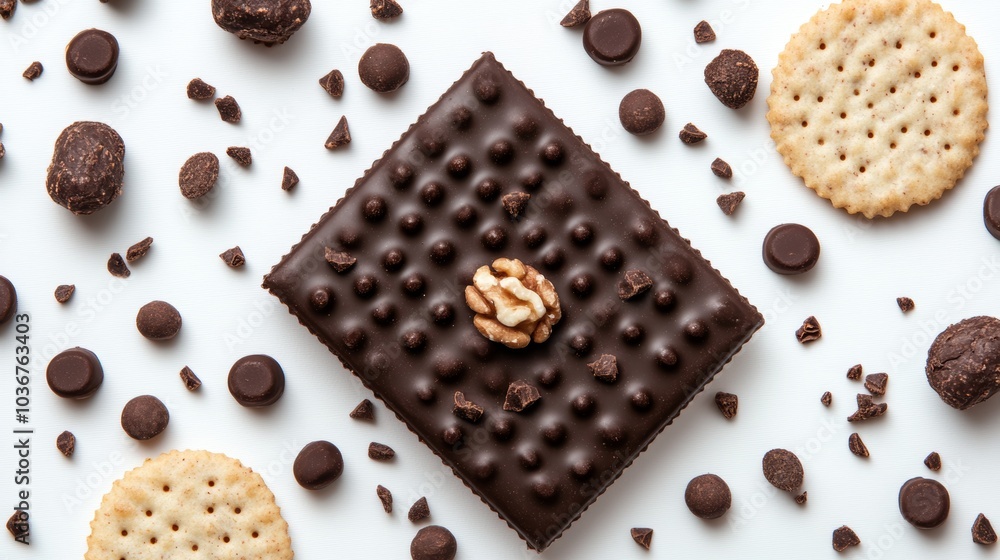 Fototapeta premium Chocolate Covered Cracker with Walnut and Chocolate Chips