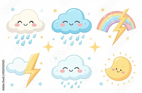 Cloud rain weather cartoon cute set. Cloud, sun, moon weather character with smile and angry face. Hand drawn doodle sketch style. Rainbow, wind, tornado doodle characte