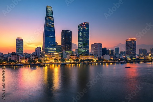 Cityscape with Skyscrapers and a River at Sunset