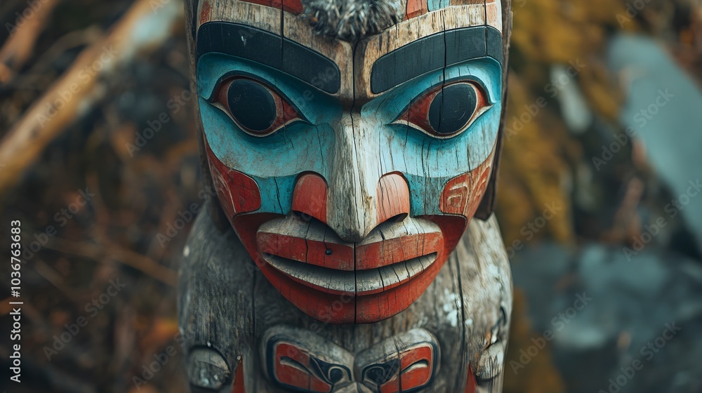 Close up of a Colorful Totem Pole Face Close up of a Colorful Totem Pole Face