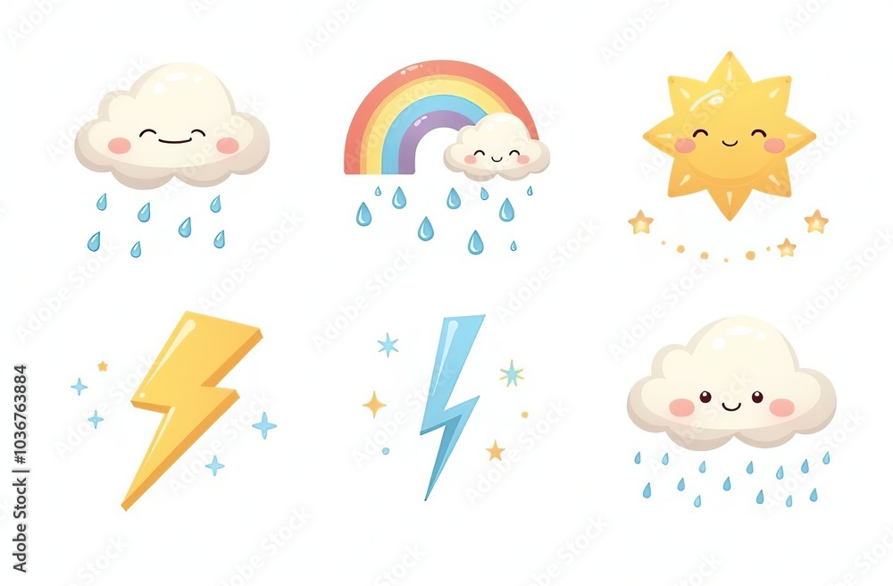 Cloud rain weather cartoon cute set. Cloud, sun, moon weather character with smile and angry face. Hand drawn doodle sketch style. Rainbow, wind, tornado doodle characte Cloud rain weather cartoon cute set. Cloud, sun, moon weather character with smile and angry face. Hand drawn doodle sketch style. Rainbow, wind, tornado doodle characte