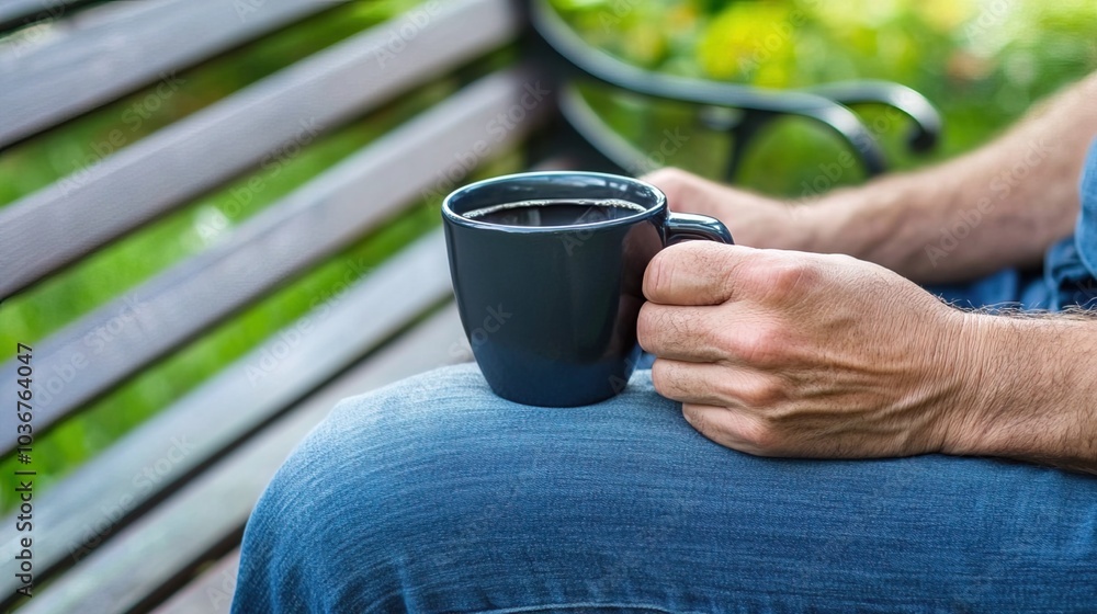 Middle-aged man with slight tremor holding cup of coffee on park bench, symbolizing struggle with Parkinson's disease, calm natural setting. Middle-aged man with slight tremor holding cup of coffee on park bench, symbolizing struggle with Parkinson's disease, calm natural setting.