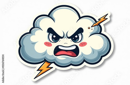  Storm cloud character with cartoon angry face. Groovy sticker with Thunder and lightning symbol. Weather icon. Emoji expression. Retro Vector illustration on white background