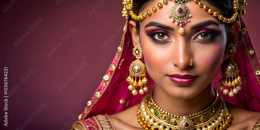 Graceful Indian Bride with Red Lipstick and Gold Accessories: Perfect for T-Shirt Printing and Bridal Merchandise Graceful Indian Bride with Red Lipstick and Gold Accessories: Perfect for T-Shirt Printing and Bridal Merchandise