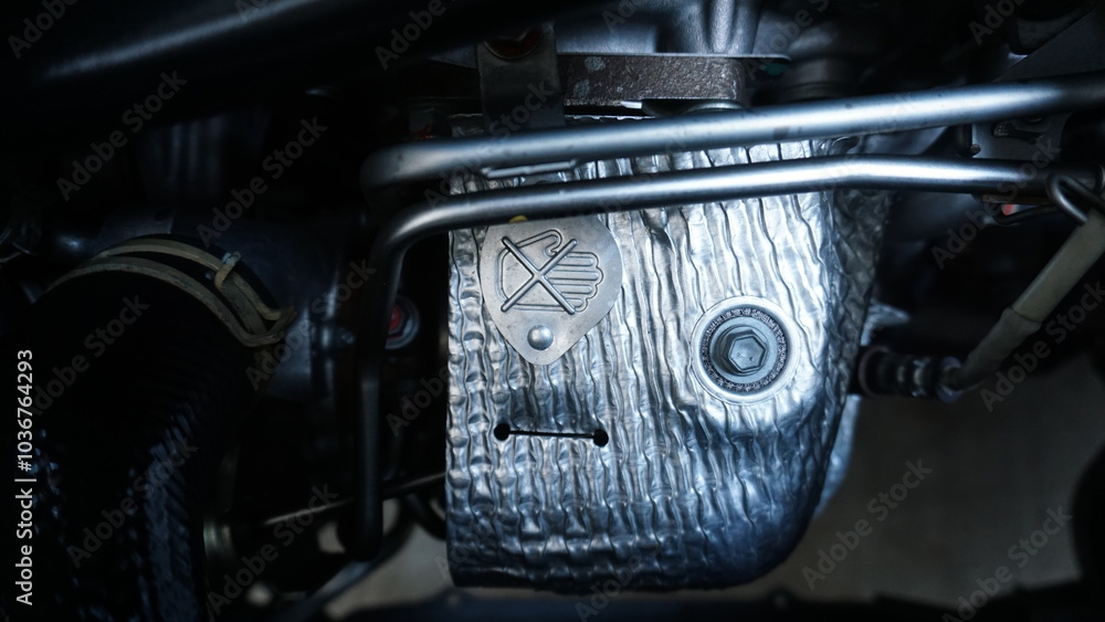 Obraz premium Warning for car users not to touch dangerous parts in the engine compartment.