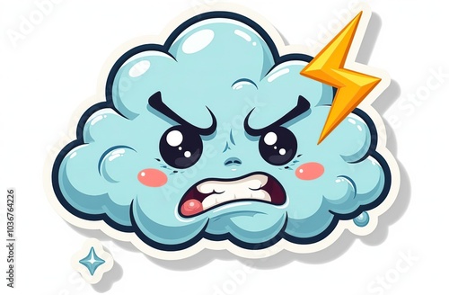  Storm cloud character with cartoon angry face. Groovy sticker with Thunder and lightning symbol. Weather icon. Emoji expression. Retro Vector illustration on white background