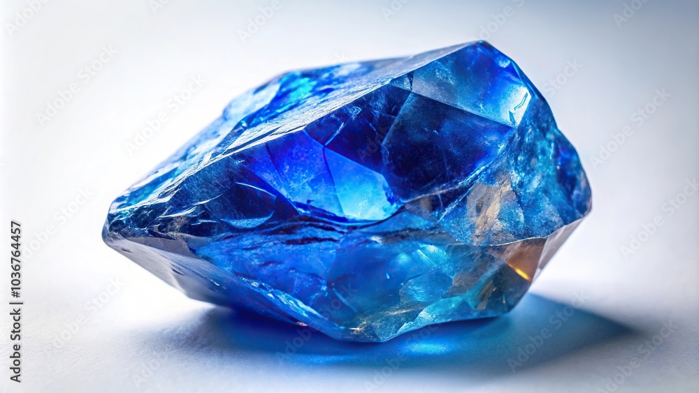 Blue gem crystal rock isolated on white background in forced perspective angle Blue gem crystal rock isolated on white background in forced perspective angle