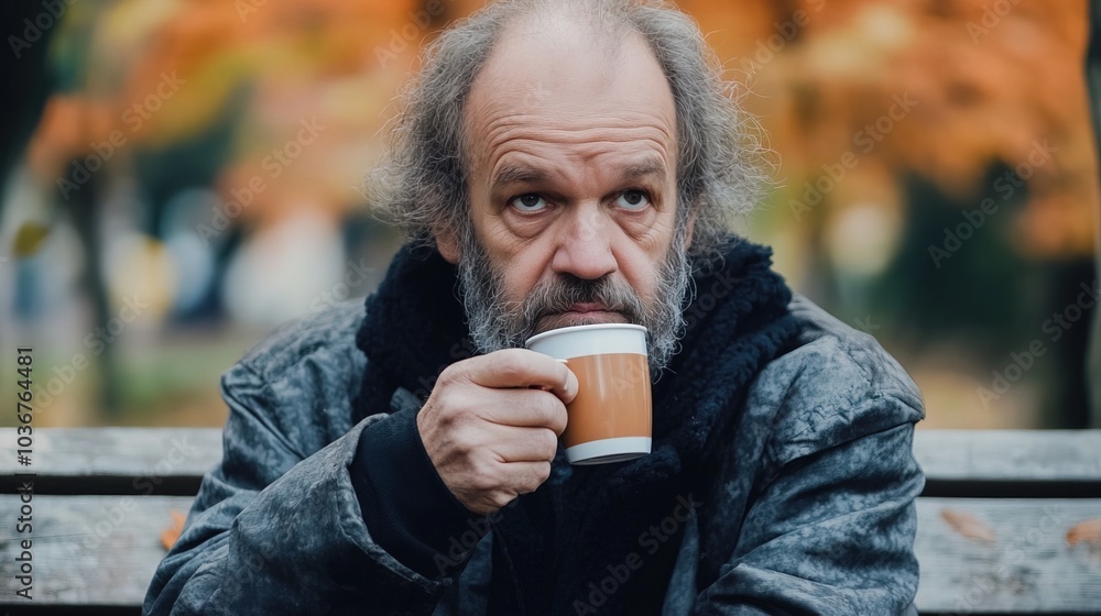 Middle-aged man with slight tremor holding cup of coffee on park bench, symbolizing struggle with Parkinson's disease, calm natural setting. Middle-aged man with slight tremor holding cup of coffee on park bench, symbolizing struggle with Parkinson's disease, calm natural setting.