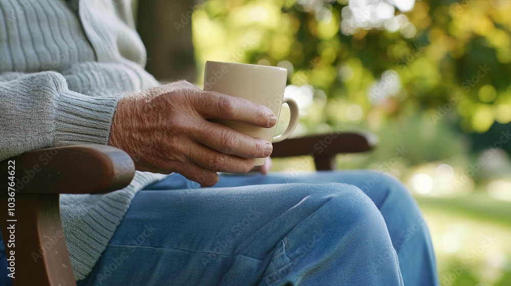 Middle-aged man with slight tremor holding cup of coffee on park bench, symbolizing struggle with Parkinson's disease, calm natural setting. Middle-aged man with slight tremor holding cup of coffee on park bench, symbolizing struggle with Parkinson's disease, calm natural setting.