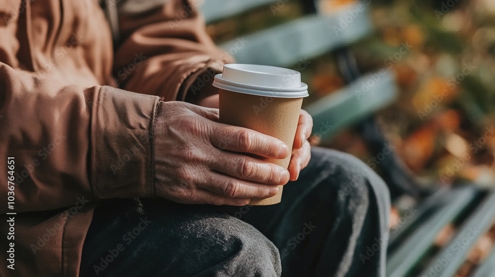 Middle-aged man with slight tremor holding cup of coffee on park bench, symbolizing struggle with Parkinson's disease, calm natural setting. Middle-aged man with slight tremor holding cup of coffee on park bench, symbolizing struggle with Parkinson's disease, calm natural setting.