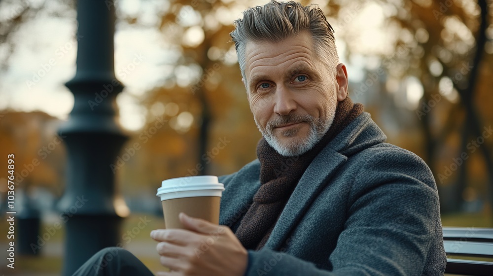 Middle-aged man with slight tremor holding cup of coffee on park bench, symbolizing struggle with Parkinson's disease, calm natural setting. Middle-aged man with slight tremor holding cup of coffee on park bench, symbolizing struggle with Parkinson's disease, calm natural setting.