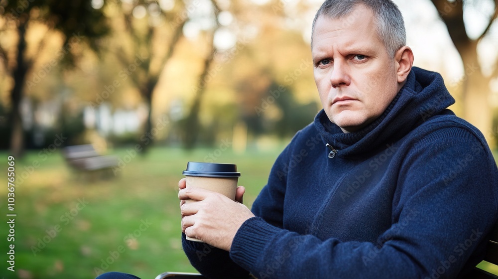 Middle-aged man with slight tremor holding cup of coffee on park bench, symbolizing struggle with Parkinson's disease, calm natural setting. Middle-aged man with slight tremor holding cup of coffee on park bench, symbolizing struggle with Parkinson's disease, calm natural setting.