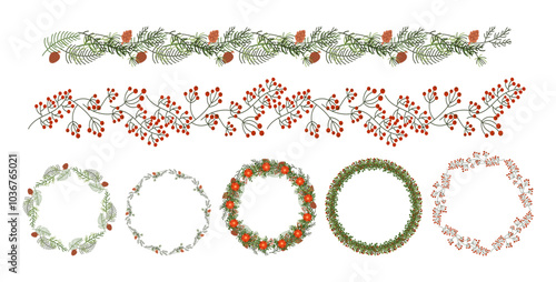 Christmas floral garlands and wreaths flat color vector objects set. Red berries branches and cones for festive designs illustrations pack on white