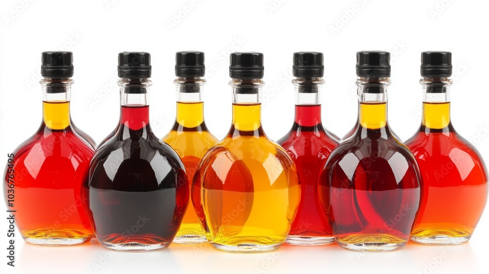 Row of Colorful Glass Bottles with Liquids Red Yellow and Brown Row of Colorful Glass Bottles with Liquids Red Yellow and Brown