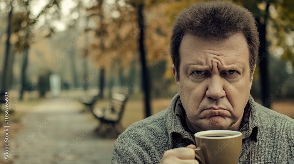 Middle-aged man with slight tremor holding cup of coffee on park bench, symbolizing struggle with Parkinson's disease, calm natural setting. Middle-aged man with slight tremor holding cup of coffee on park bench, symbolizing struggle with Parkinson's disease, calm natural setting.