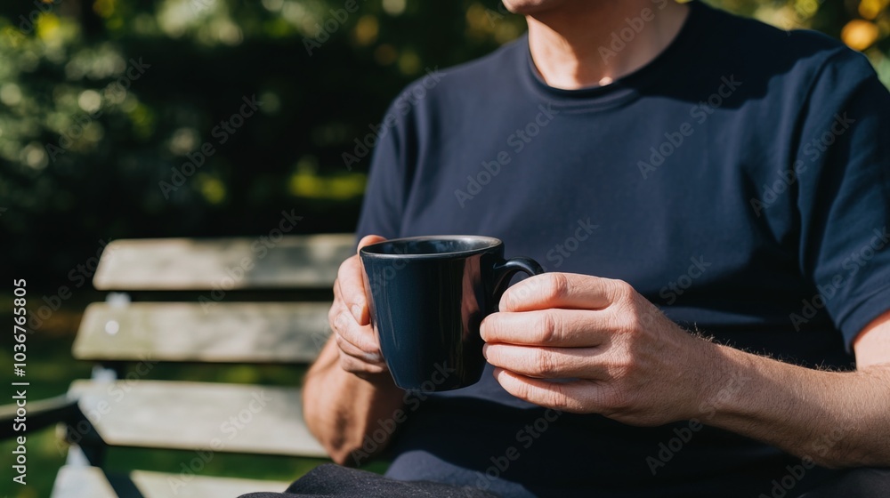 Middle-aged man with slight tremor holding cup of coffee on park bench, symbolizing struggle with Parkinson's disease, calm natural setting. Middle-aged man with slight tremor holding cup of coffee on park bench, symbolizing struggle with Parkinson's disease, calm natural setting.