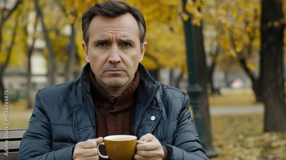 Middle-aged man with slight tremor holding cup of coffee on park bench, symbolizing struggle with Parkinson's disease, calm natural setting. Middle-aged man with slight tremor holding cup of coffee on park bench, symbolizing struggle with Parkinson's disease, calm natural setting.