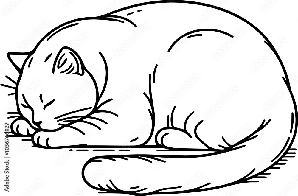 Black Line Art Style Small Pet Cat Cutie and Sleeping Pose Hand Drawn Illustration Black Line Art Style Small Pet Cat Cutie and Sleeping Pose Hand Drawn Illustration