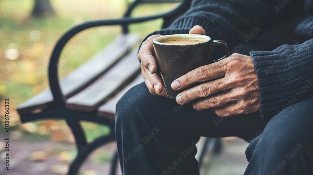 Middle-aged man with slight tremor holding cup of coffee on park bench, symbolizing struggle with Parkinson's disease, calm natural setting. Middle-aged man with slight tremor holding cup of coffee on park bench, symbolizing struggle with Parkinson's disease, calm natural setting.