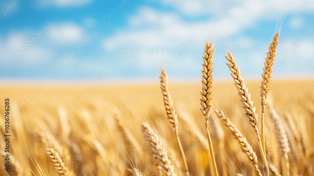 Fototapeta premium A field of golden wheat with a clear blue sky in the background