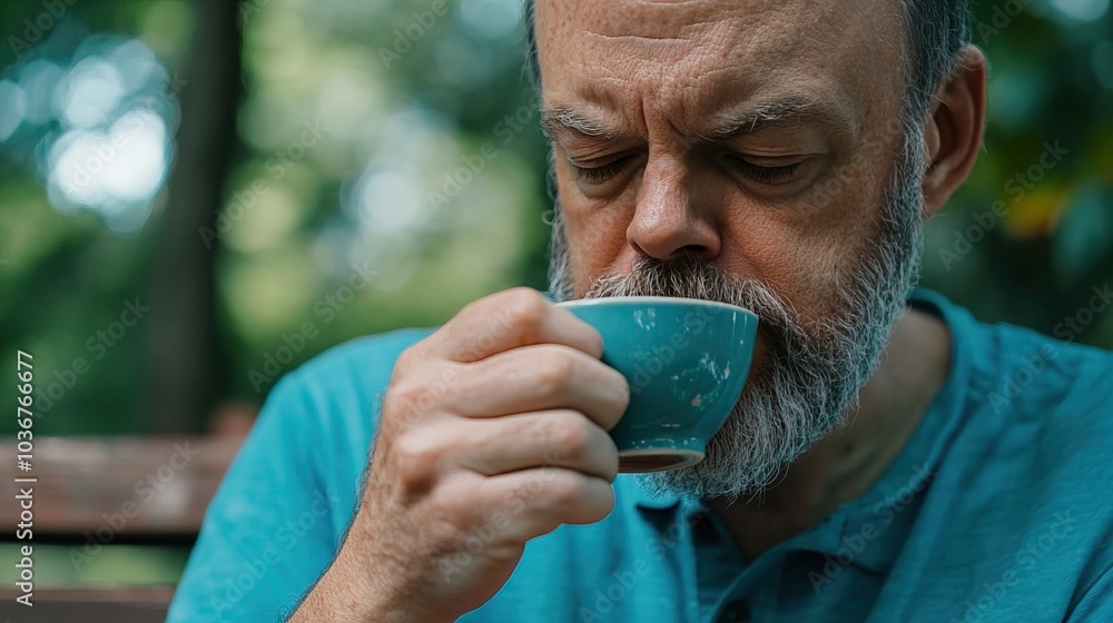 Middle-aged man with slight tremor holding cup of coffee on park bench, symbolizing struggle with Parkinson's disease, calm natural setting. Middle-aged man with slight tremor holding cup of coffee on park bench, symbolizing struggle with Parkinson's disease, calm natural setting.