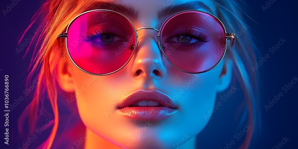 A young Caucasian woman with striking features and colorful sunglasses gazes directly at the camera, embodying a modern, vibrant aesthetic in a well-lit setting. A young Caucasian woman with striking features and colorful sunglasses gazes directly at the camera, embodying a modern, vibrant aesthetic in a well-lit setting.