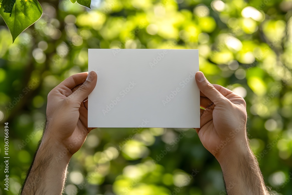 A Person Holding a Blank White Card in Front of a Green Bokeh Background