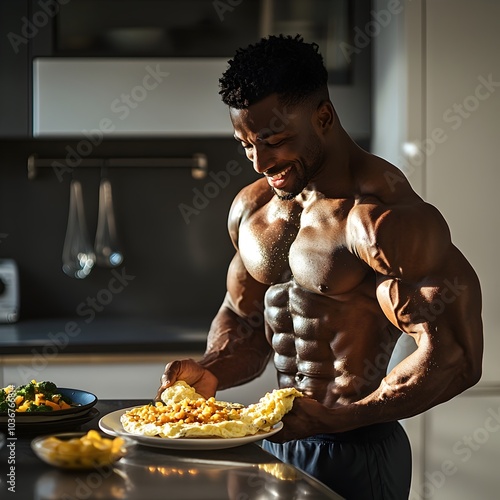 Muscular bodybuilder taking a bite of high protein egg white omelet with sauted vegetables in contemporary kitchen photo