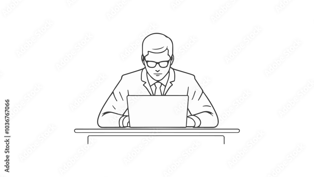 serious person in glasses typing in laptop, simple outline illustration of a person with laptop serious person in glasses typing in laptop, simple outline illustration of a person with laptop