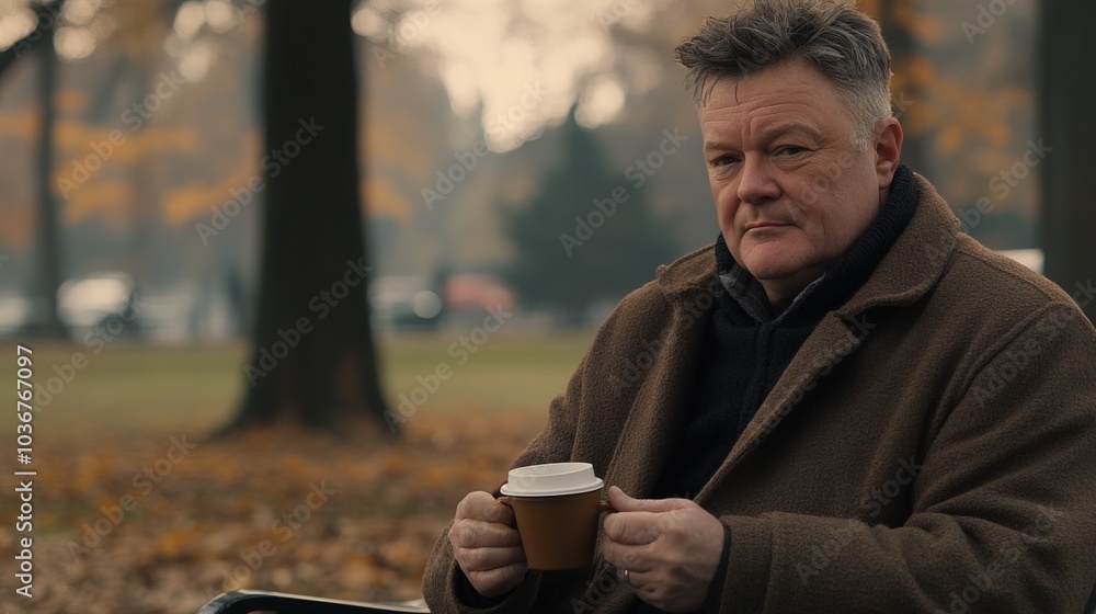 Middle-aged man with slight tremor holding cup of coffee on park bench, symbolizing struggle with Parkinson's disease, calm natural setting. Middle-aged man with slight tremor holding cup of coffee on park bench, symbolizing struggle with Parkinson's disease, calm natural setting.