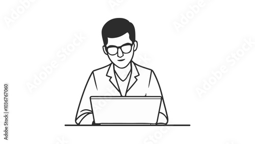 illustration of a person with glasses in front of laptop