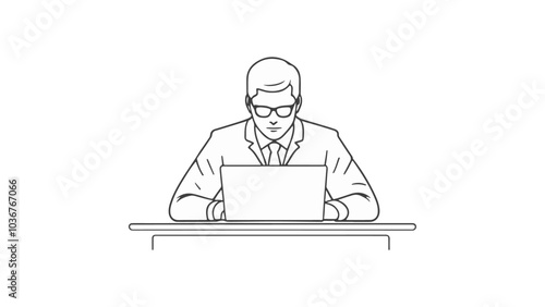serious person in glasses typing in laptop, simple outline illustration of a person with laptop