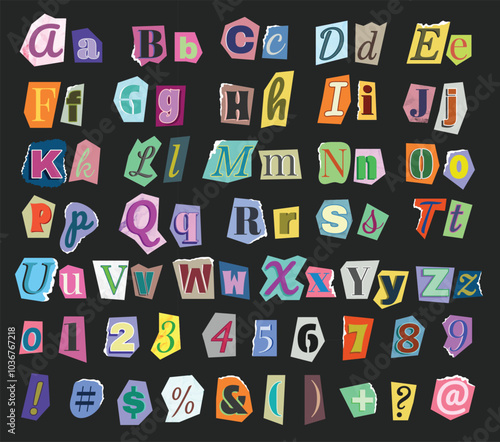 Ransom scrapbook font. Newspaper cutout alphabet for blackmail style collage with numbers, uppercase and lowercase letters. Torn paper pieces typography vector set.