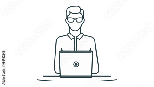 person with computer illustration in vector, simple outline illustration of a person with computer